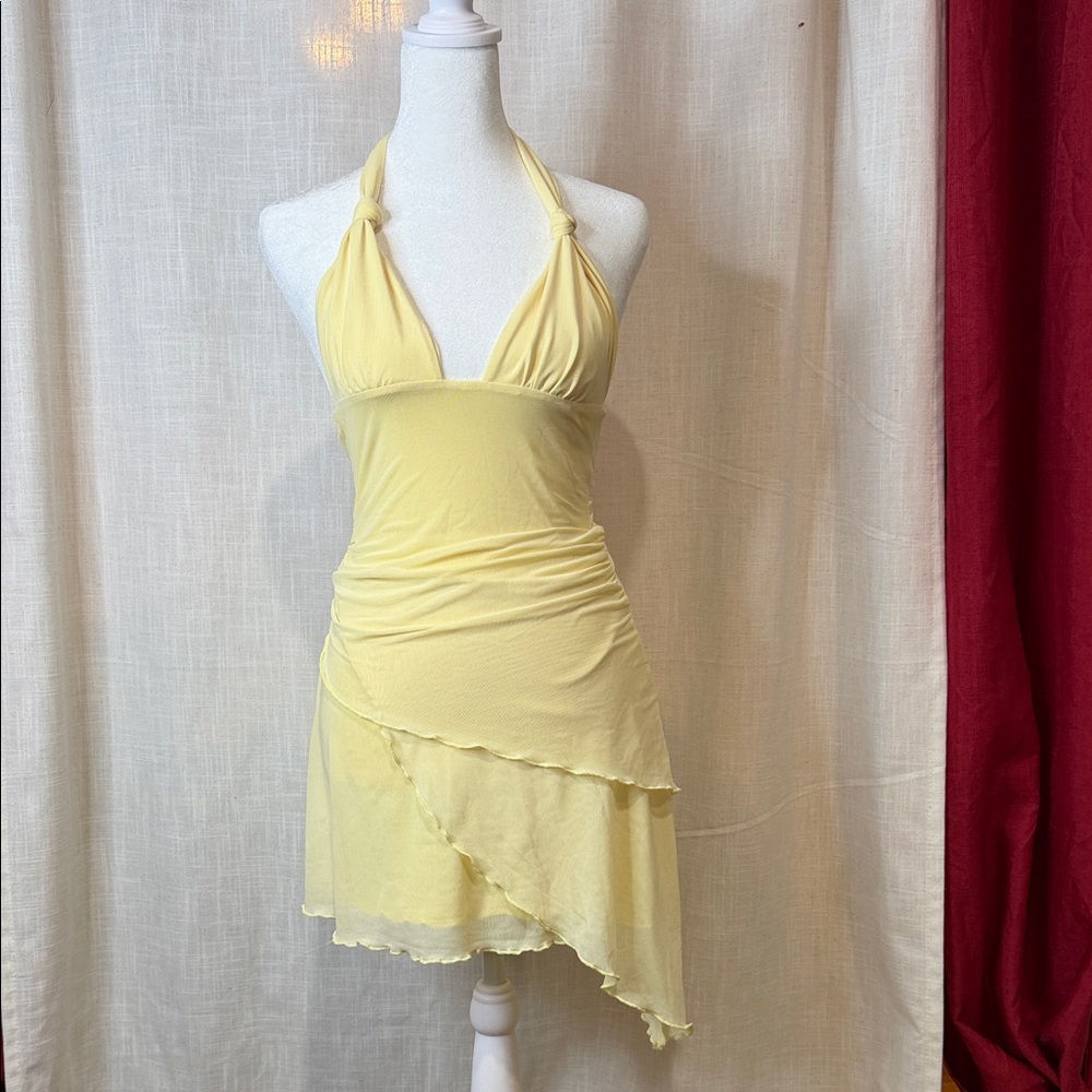 Tiger Mist Asymmetrical Halter Dress in Soft Yellow